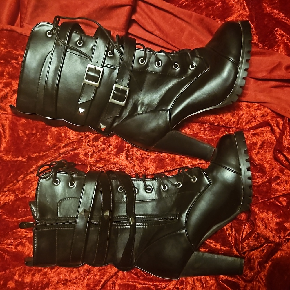 Boots 3.5inch heels calf boots black w straps around upper boots .